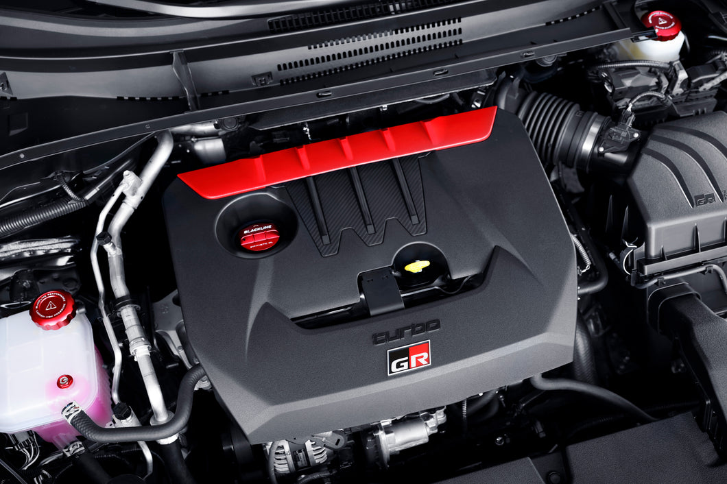 Toyota 2020+ G16E-GTS Engine - GR Corolla / GR Yaris - BLACKLINE Performance Cap Set (Oil Cap / Coolant Cap / Coolant Bleeder Screw / Brake Master Cylinder Cap / Fuel Cap)